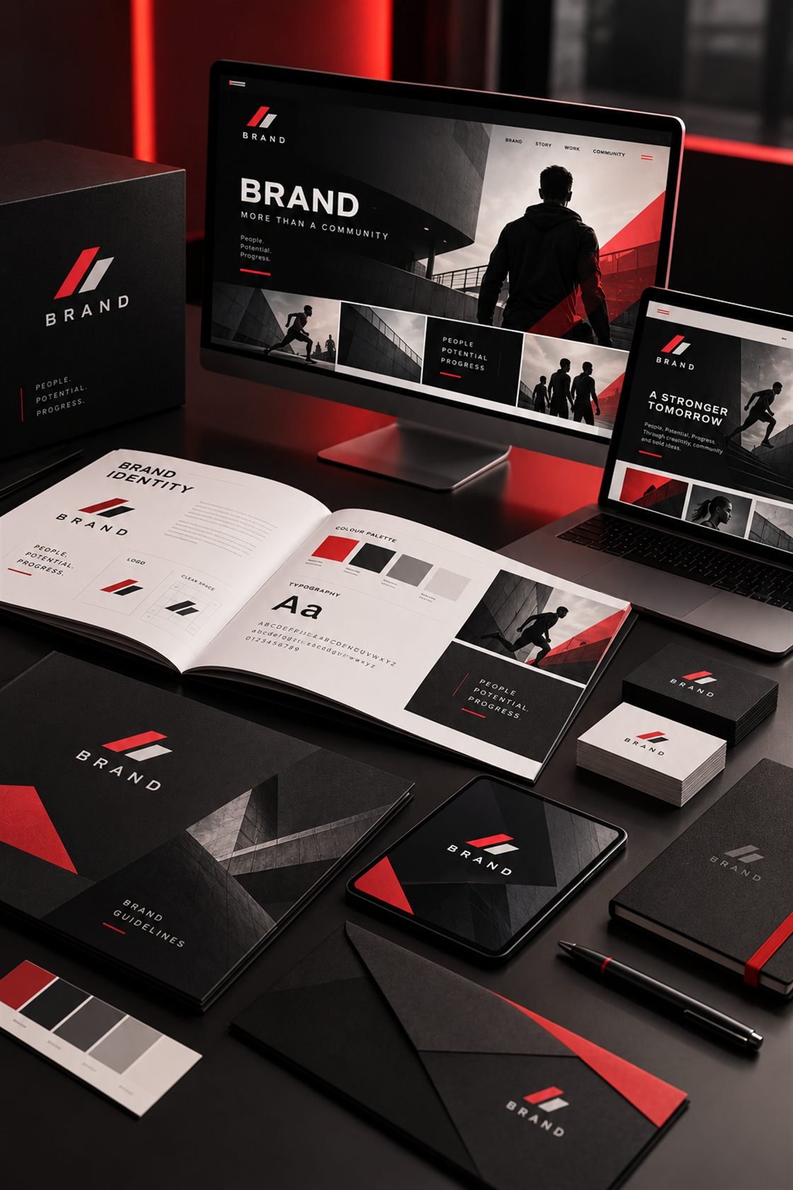 Brand identity kit with guidelines book, business cards, packaging and website mockups in black and red