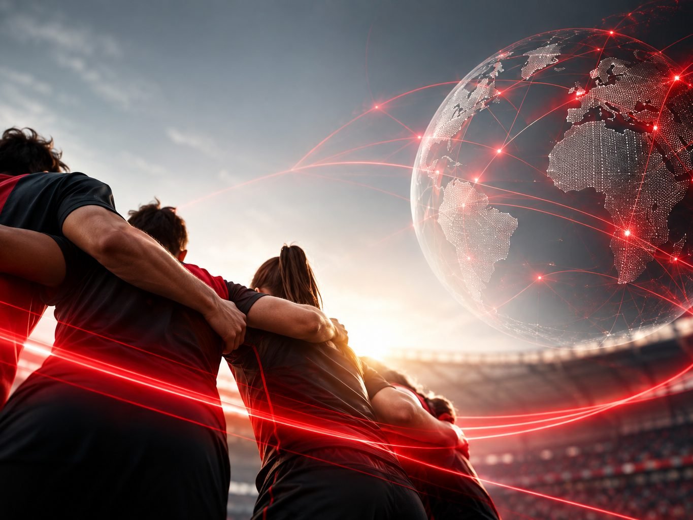 Athletes huddled together in a stadium beside a globe linked by red network lines