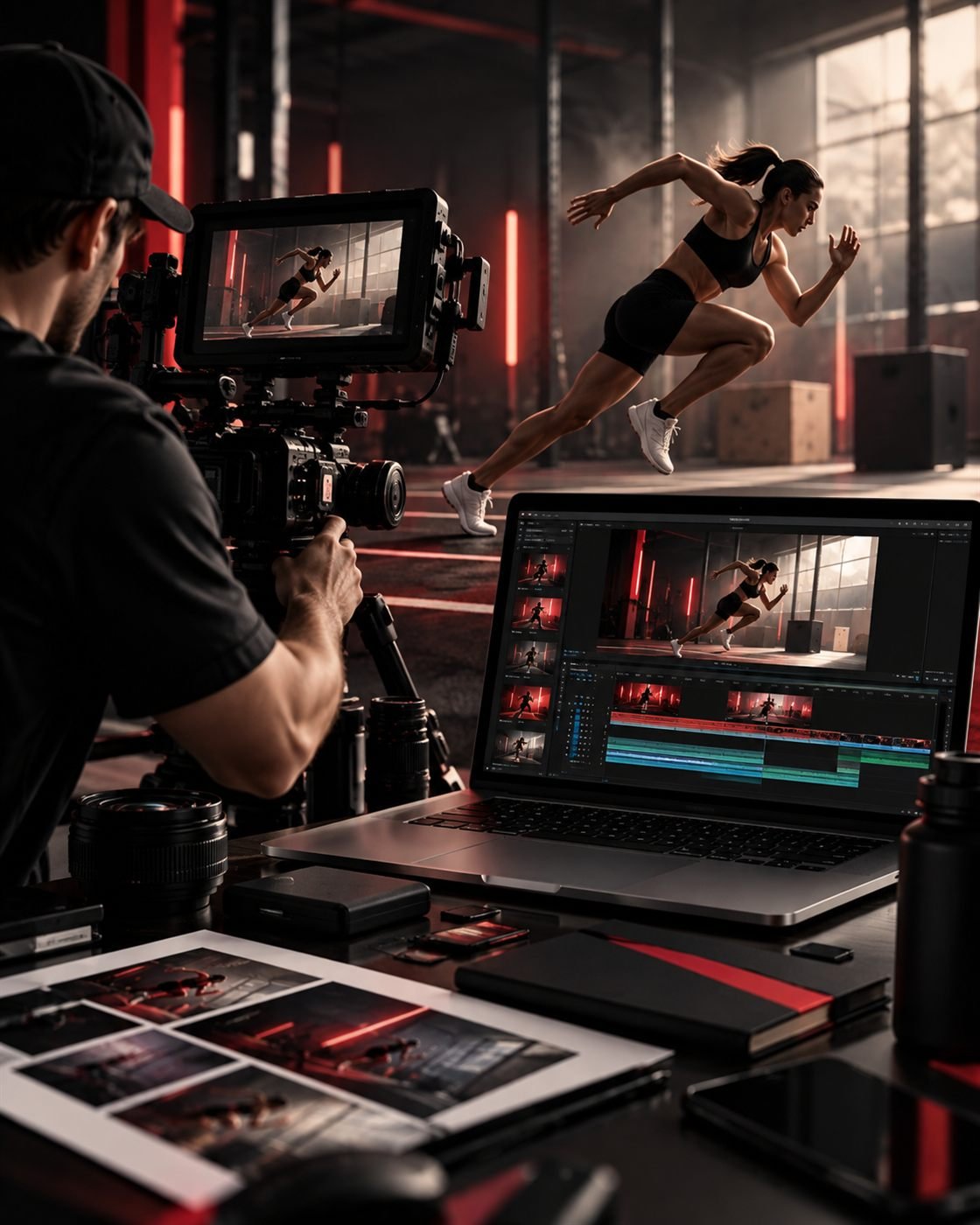 Videographer filming a sprinting athlete in a gym while the footage is edited on a laptop