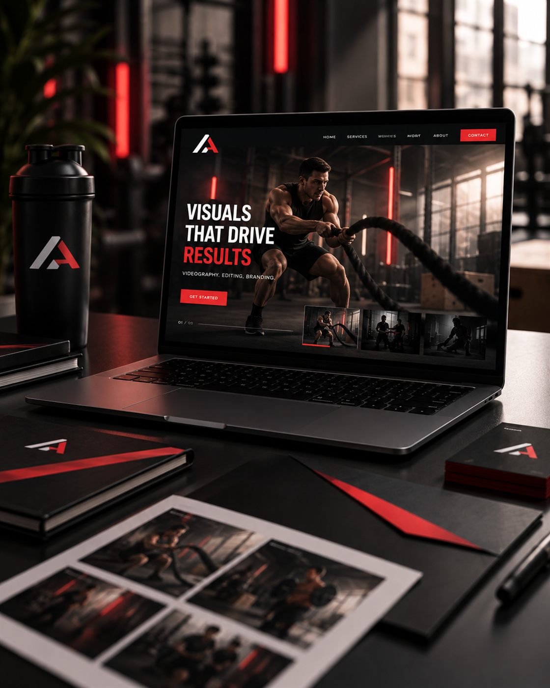 Laptop showing a sports brand website on a desk with branded notebooks and printed gym photos