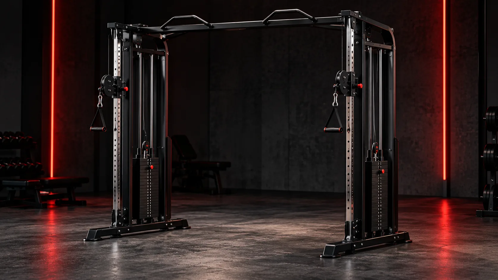 Gym Factory commercial cable machine with two height-adjustable pulleys and a weight stack, photographed in a dark studio