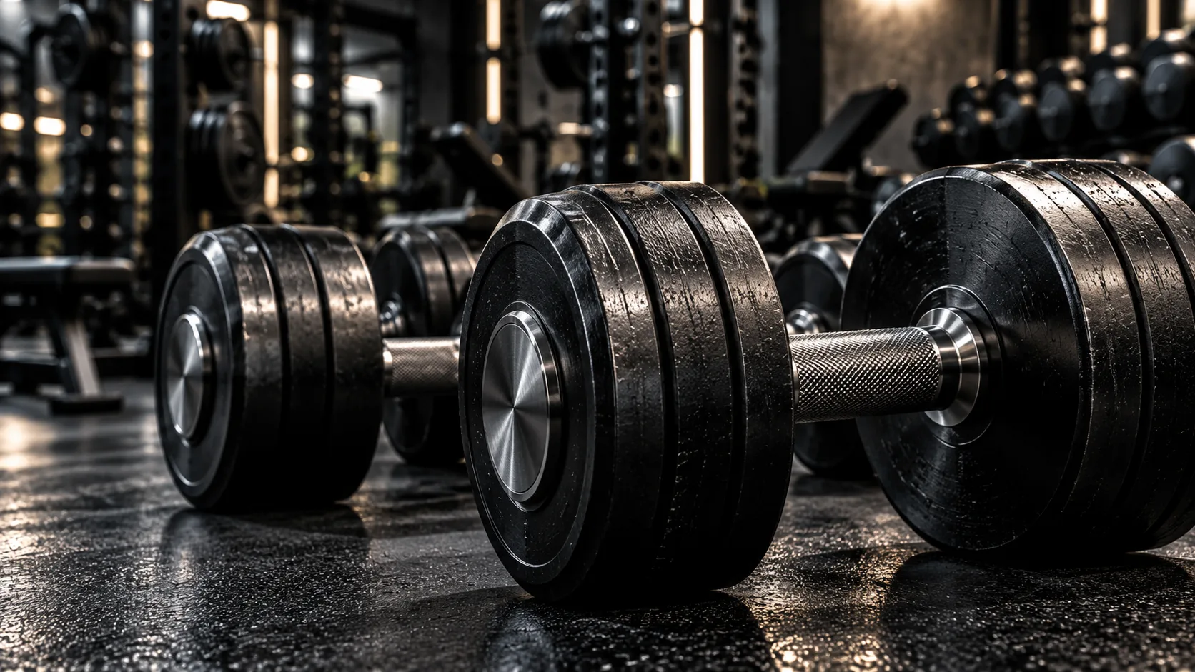 Gym Factory Olympic weight plates from small change plates to 25 kg, lined up beside a steel Olympic bar on a dark gym floor