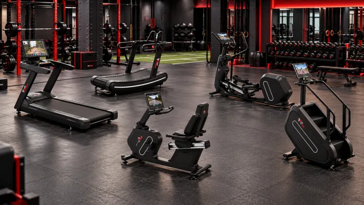Gym Factory commercial cardio machines labelled by name: commercial treadmill, curved treadmill, elliptical trainer, recumbent bike and stair climber