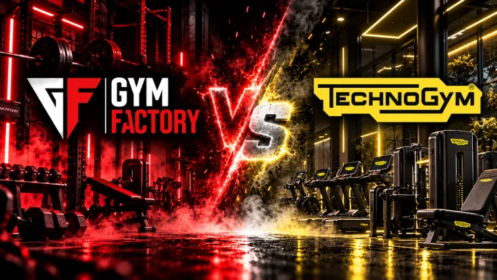 Gym Factory heavy-duty strength machines in a dark studio, the Lithuanian-made range compared with Technogym in this guide