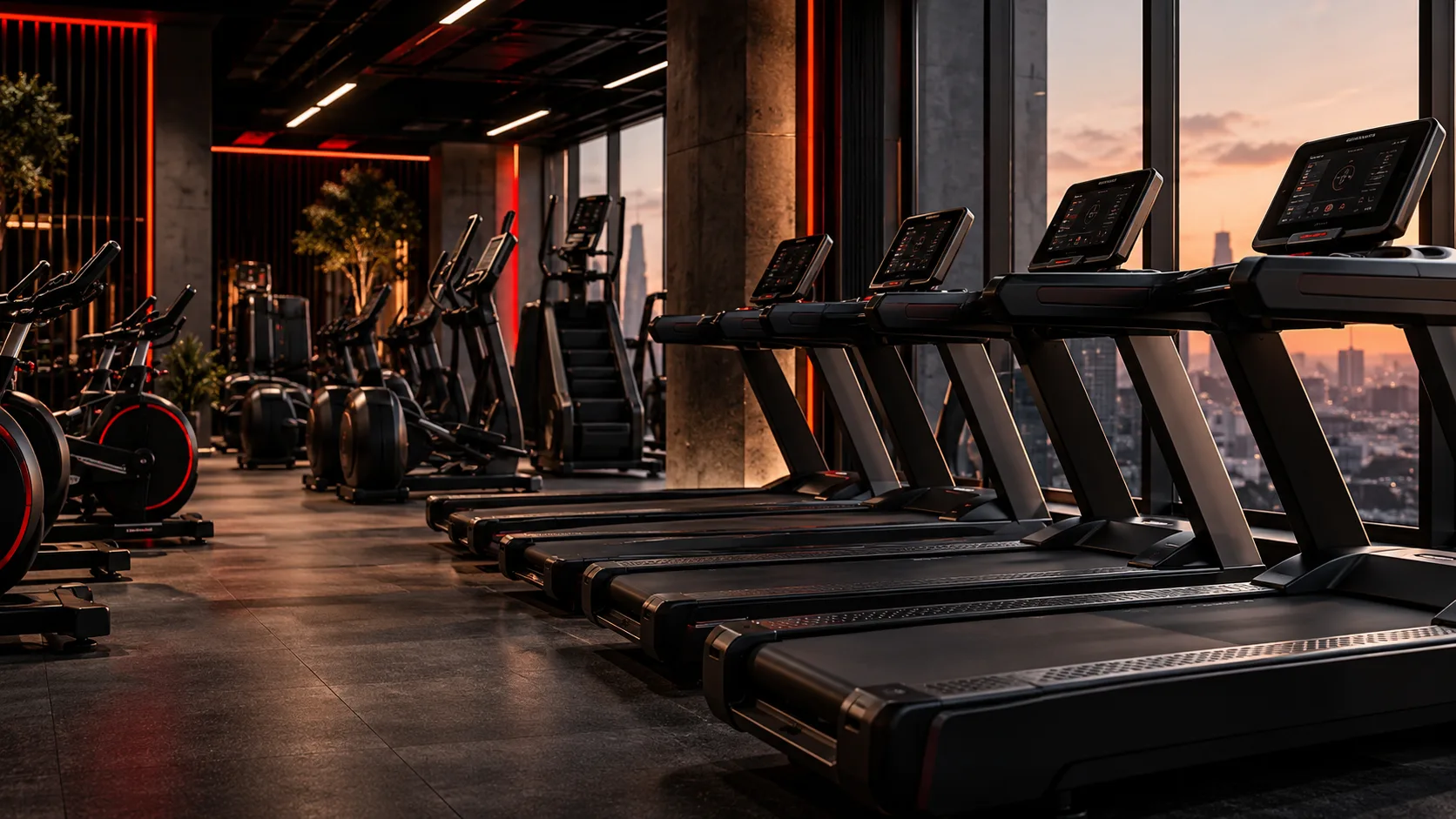 Gym Factory CA1 commercial treadmill with a large touchscreen console, photographed in a dark studio