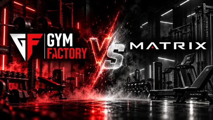 Gym Factory commercial strength machines in a dark studio, the Lithuanian-made range compared with Matrix Fitness in this guide