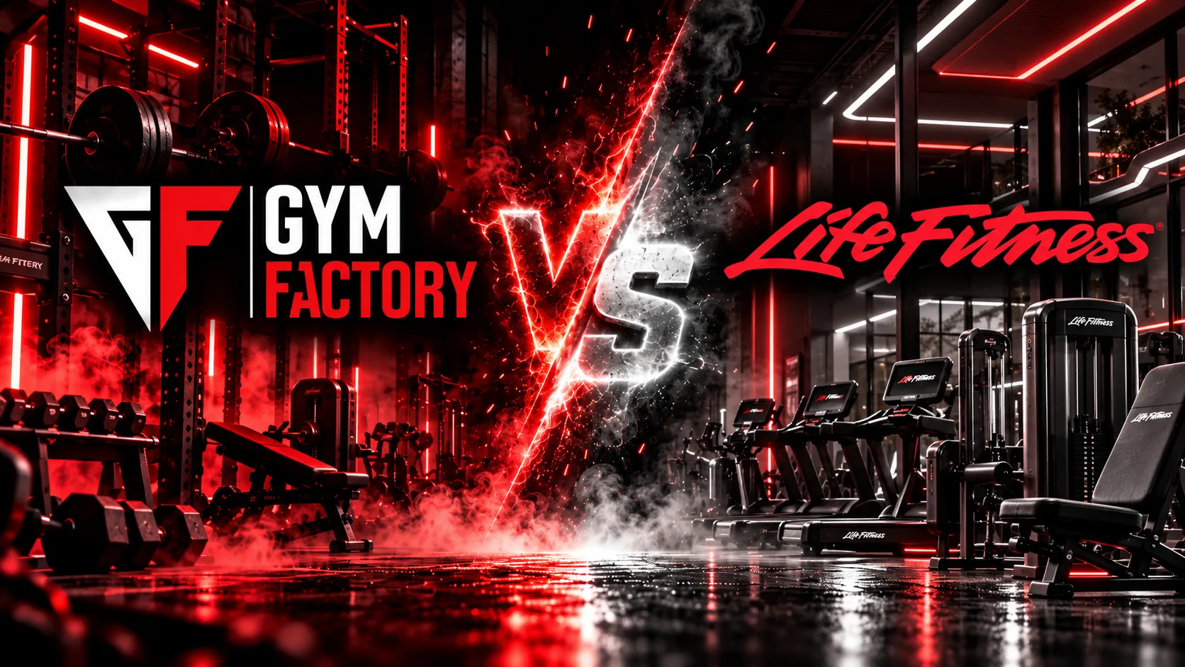 Gym Factory plate-loaded leg press and power rack in a dark studio, the Lithuanian-made range compared with Life Fitness in this guide