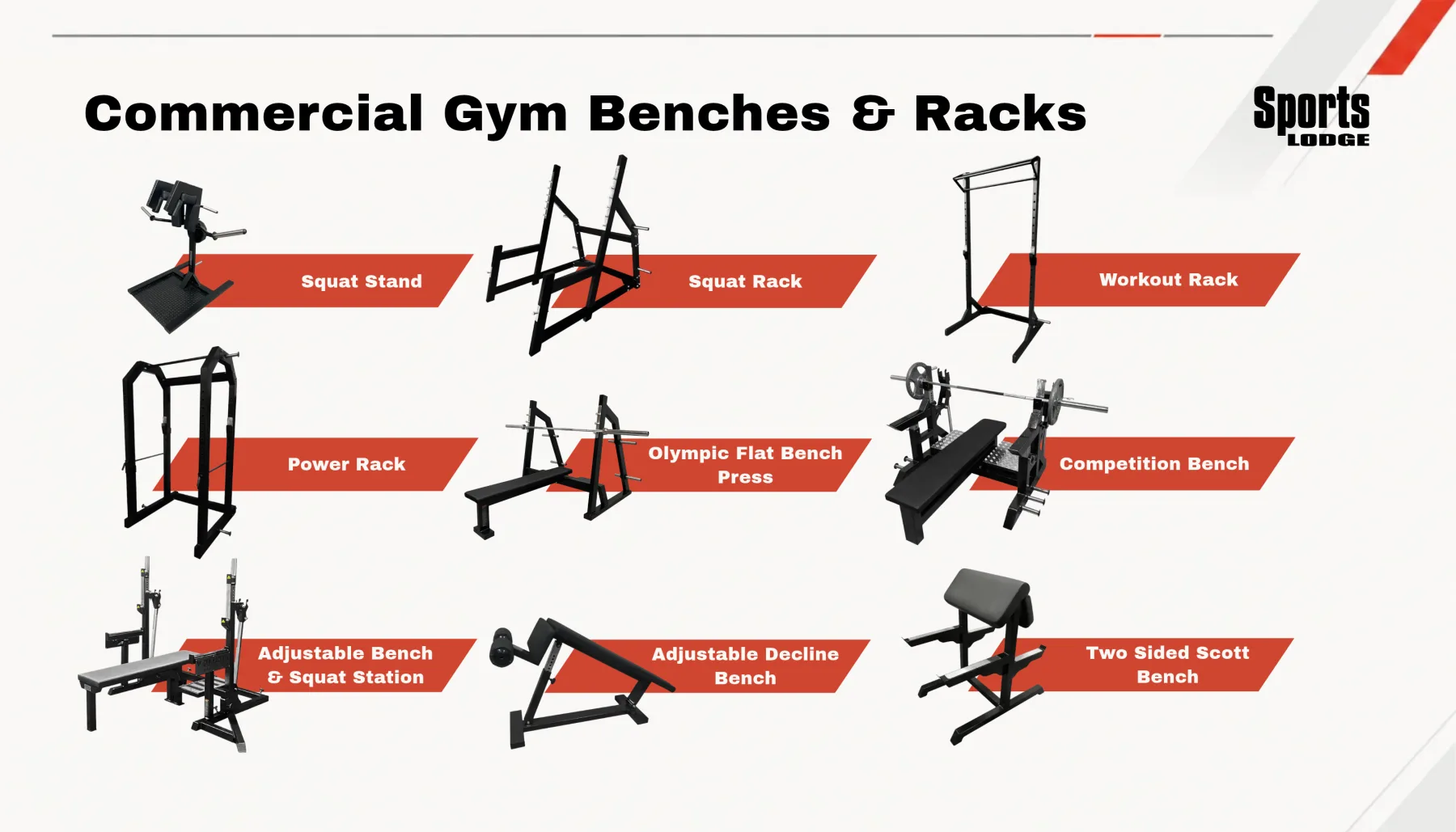 Nine Gym Factory commercial benches and racks, from squat stand and power rack to flat bench press and Scott preacher bench