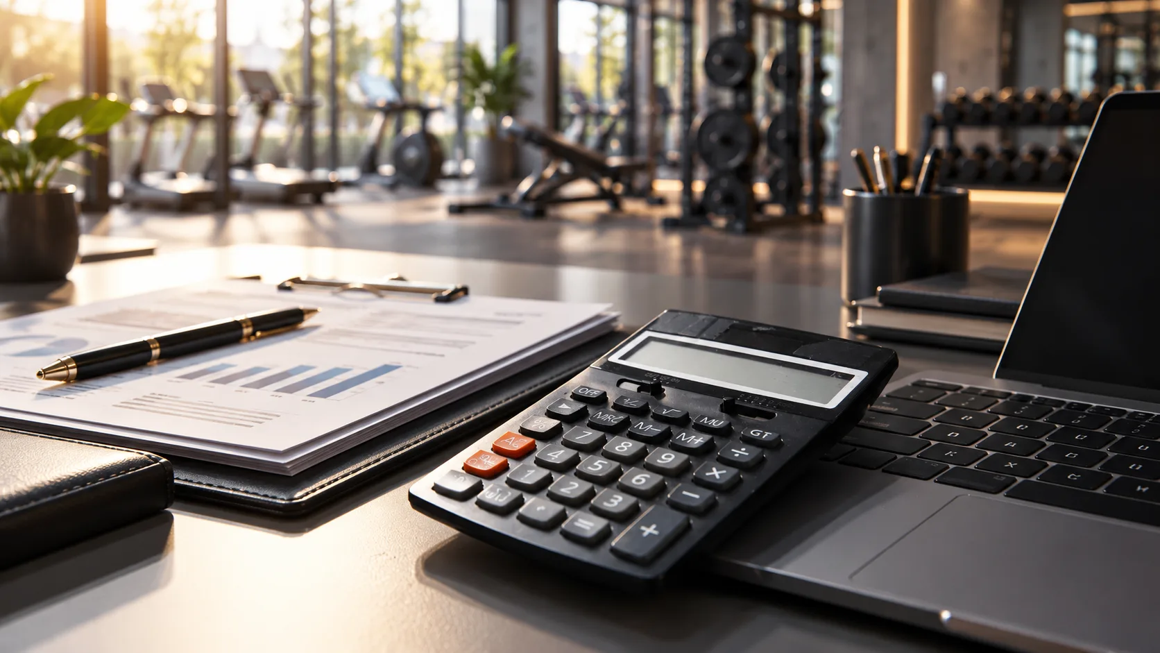 Calculator, laptop and finance paperwork on a desk in a commercial gym, with treadmills and dumbbell racks behind